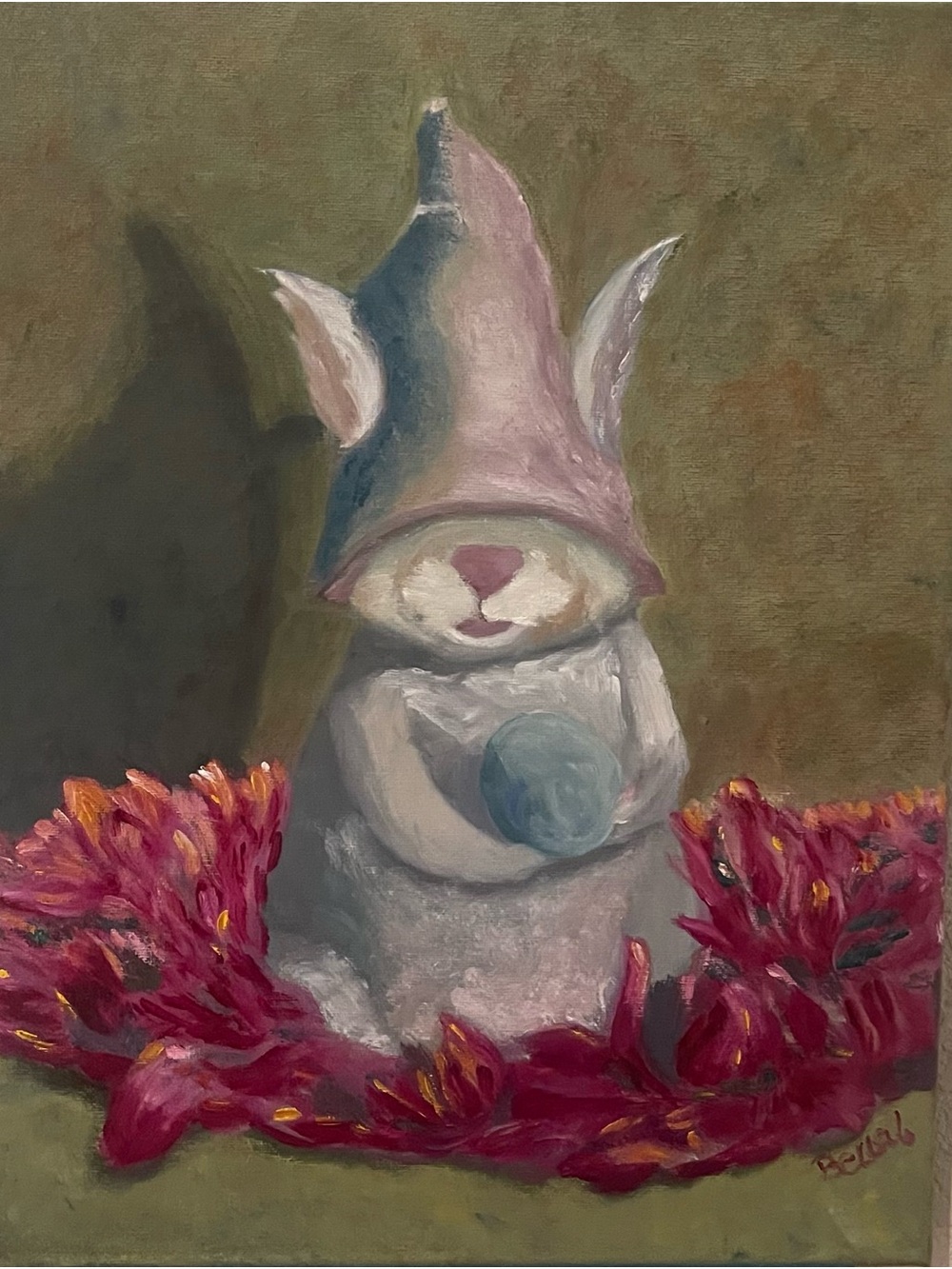 Artist-Signed Bunny Gnome Wall Art 11 by 18 oil on canvas